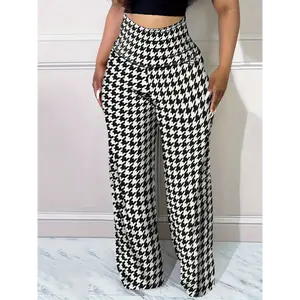 Comfortable High-Waist Houndstooth Pants - Casual Wide Leg, Stretch Fit, Season-Versatile, Machine Washable, Womens Fashion