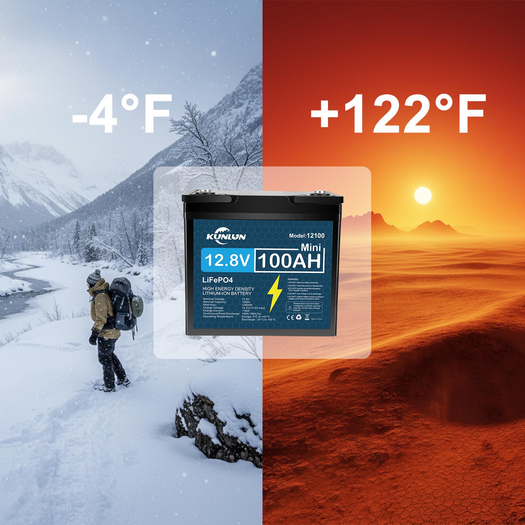 KUNLUN 12V 100Ah LiFePO4 Battery Model 12100 with 100A Smart BMS 5000+ Cycles 1280Wh Energy for RV Marine Trolling Motors Off-Grid UPS Solar Camping E-Wheelchair Maintenance-Free Rechargeable Portable Power Station