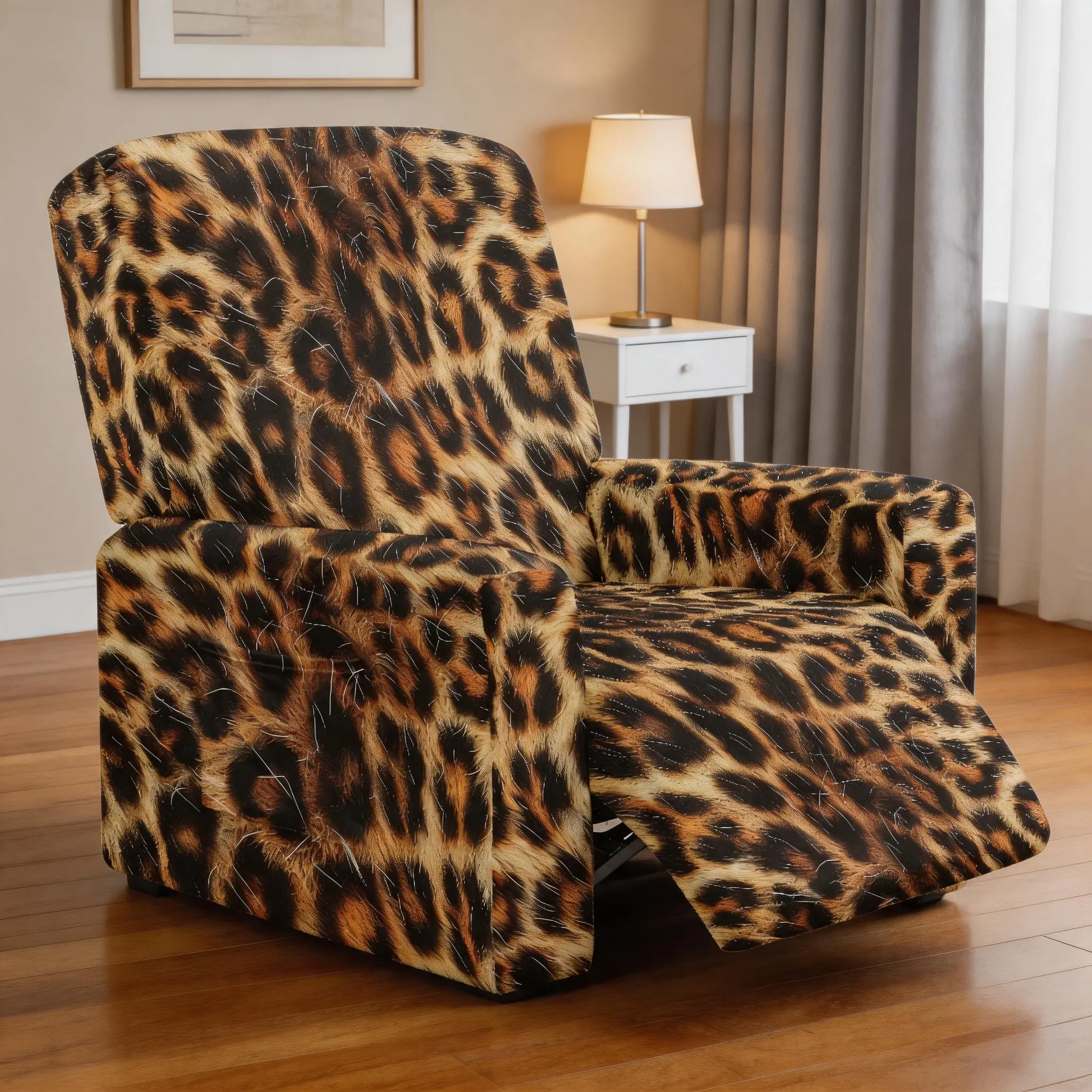 Leopard Stretch Fabric Recliner Slipcover with Pockets - Stain-Resist Furniture Protector for Pet Owners - Living Room Daily Use Home Supplies Dust Cover for Renters