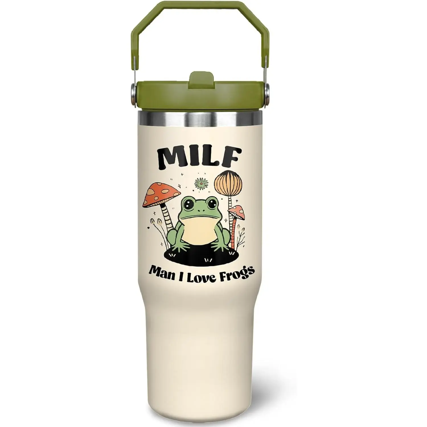 Women's 30oz Thermal Printed Stainless Steel Frog Tumbler - Vacuum Insulated Leakproof Flask with Ergonomic Handle, Foldable Straw, Lid, Portable for Camping, Gift, Flasks