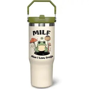 30oz Vacuum Insulated Leakproof Printed Stainless Steel Frog Tumbler, Portable Water Bottle Flask with Handle, Straw and Lid, Coffee Mug Gift for Women,summervibes