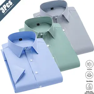 3-pack men’s short-sleeve shirts with fine vertical stripes, business-casual style for a light-mature look and commuting/business wear. Breathable, skin-friendly fabric that stays cool and doesn’t trap sweat; classic notched collar enhances neck lines; de