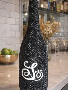 Handmade Rhinestone Monogram Bottle – Black Bling Home Bar Decor – Letter S