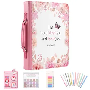 Grand Dawn 18pc Bible Cover Kit - Pink Floral Faux Leather, 180° Lay-Flat Case & 12 Highlighters/Pens with Tabs