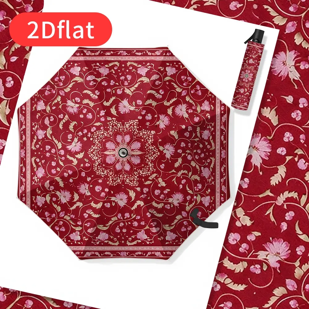 Retro floral folding umbrella with a 10-rib widened design, adorned with synthetic gemstones—stylish and elegant for women, offering sun protection and ideal for outdoor use.