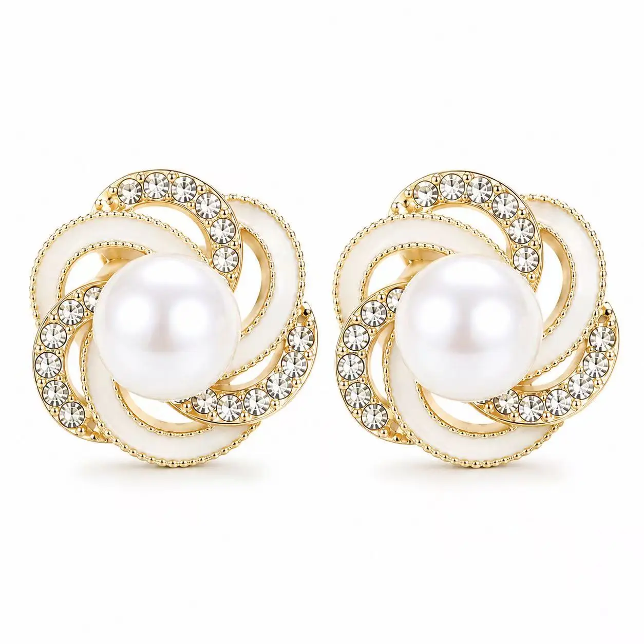 Women's Elegant Pearl Flower Studs - Sparkly Silver Bezel Setting Birth Flower Costume Jewelry for Daily Wear, Pearl Studs
