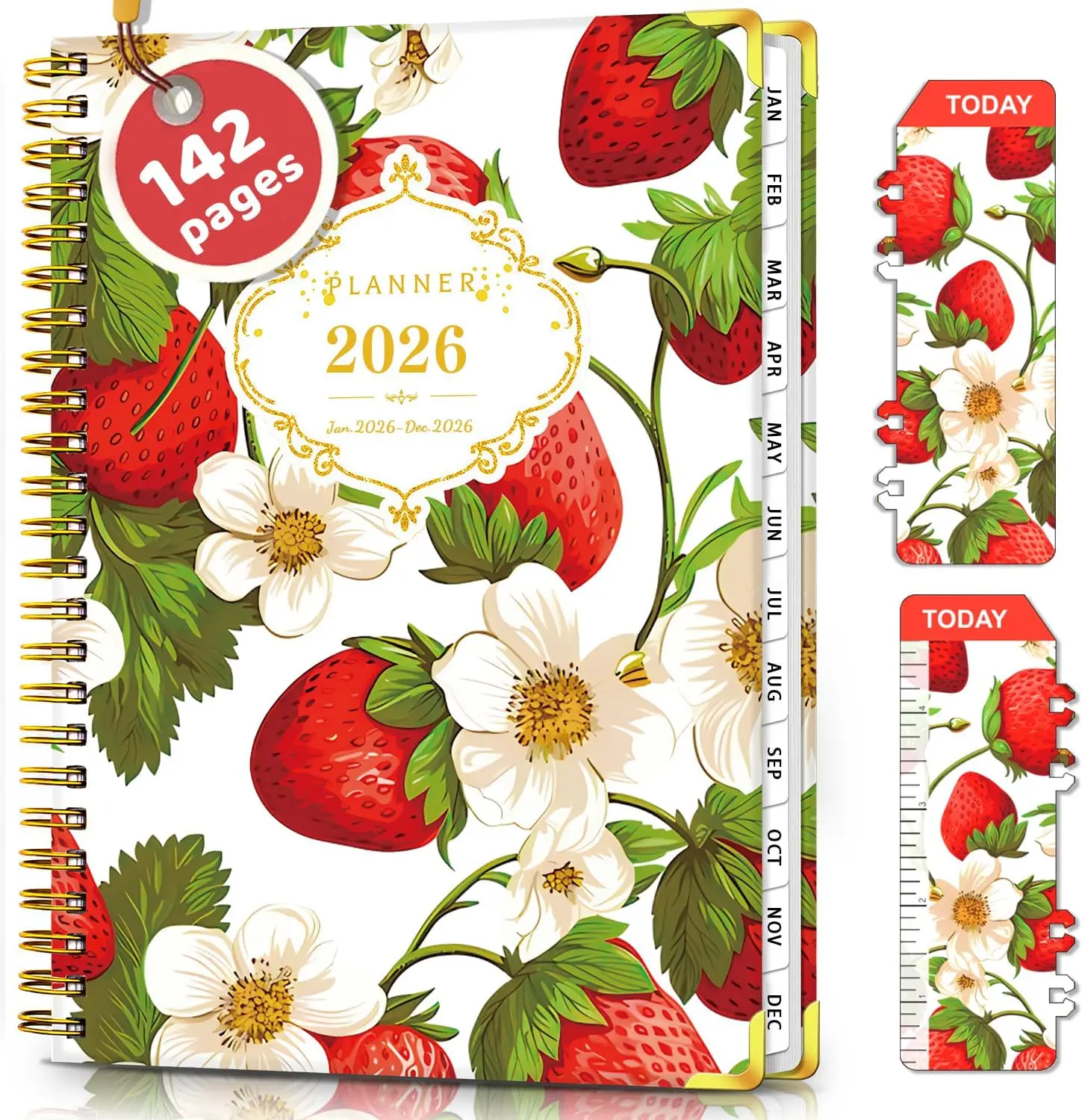 2026 Strawberry Theme Hardcover Daily Weekly Monthly Planner (Jan-Dec 2026, 8.5x6.2 in) - Spiral Binding, Elastic Close, Includes 12 Monthly Tabs, Inner Pocket, Paper Office Stationery Organizer for Women to Stop Procrastinating & Boost Productivity, Be M