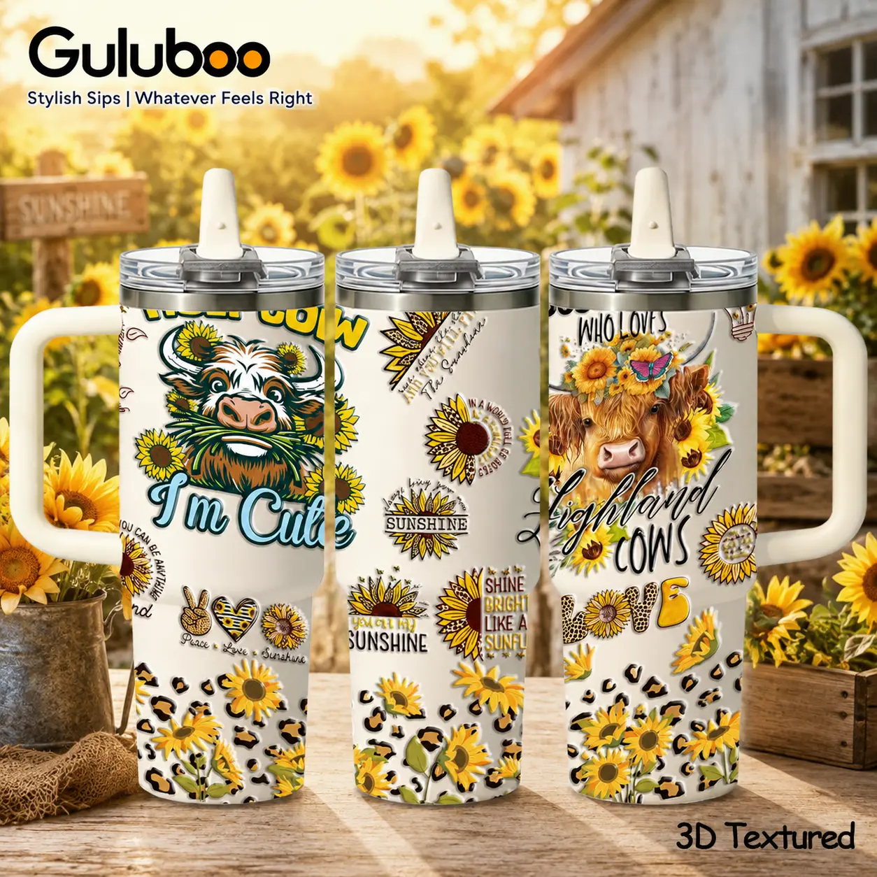 GuLuBoo Cowgirl Highland Cow Vacuum Flasks 40oz Stainless Steel Insulated Tumbler, Leakproof Travel Mug with Straw, Bold 3D Textured  Portable Water Bottle for Coffee, Gym & Office, Creative Drinkware Cups Gift for Cow Lover