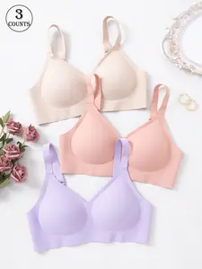 3-piece set seamless jelly women's bras, Seamless Soft Wirefree, comfortable, soft, and breathable, everyday casual bras, non-removable padding, adjustable straps, beautiful back design, solid color simple style, Wireless Padded Bras