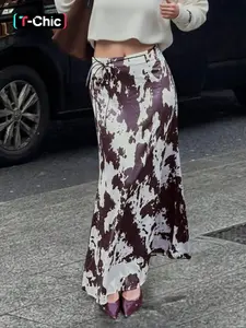Womens Satin Maxi Skirt Cow Print High Waist Slim Fit, Fitted Brown White Pattern Glossy Satin Fabric Streetwear Minimal Chic Slip Skirt Y2K Vintage Casual Daily Wear Party Outfit Lightweight Drapey Fall Fashion