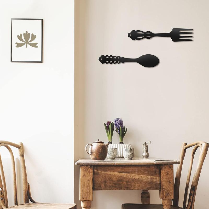 2 count Metal Fork Spoon Wall Decor Big Black Metal Large Kitchen Rustic Fork Spoon Shaped Wall Decor Hanging Sign for Farmhouse