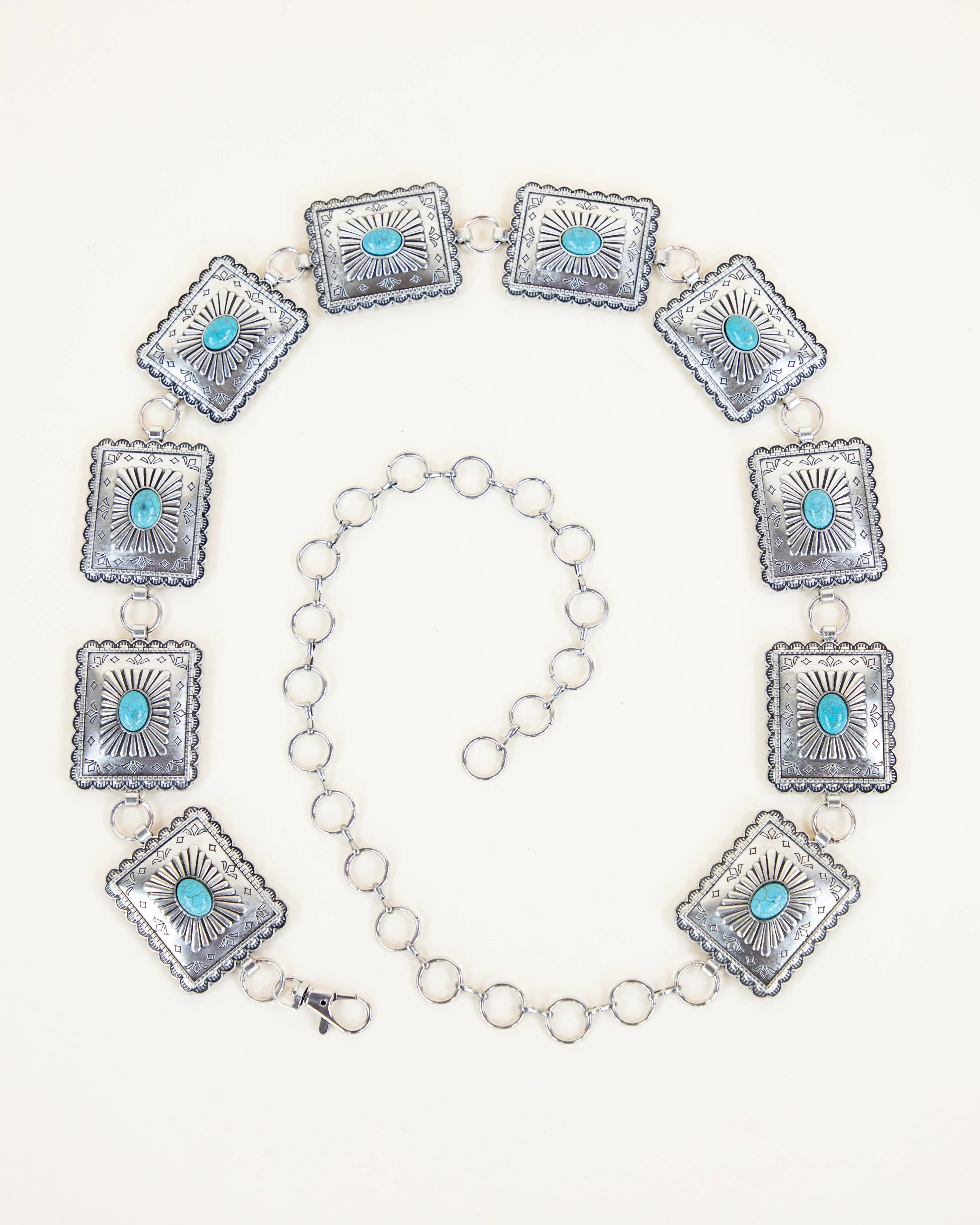 Square Silver Metal Turquoise Concho Chain Belt - TURQUOISE  (Pack of 6)