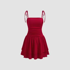 Cider [size 0-10] Square Neck Solid Ruched Knotted Layered Mini Dress