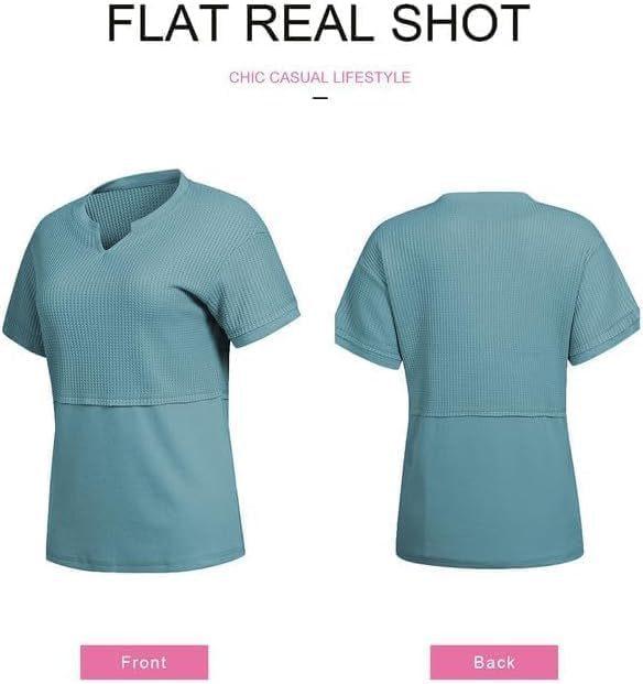 Women's Loose Fit Waffle Knit Splice V-Neck Top | Casual Trendy Short Sleeve Shirt.