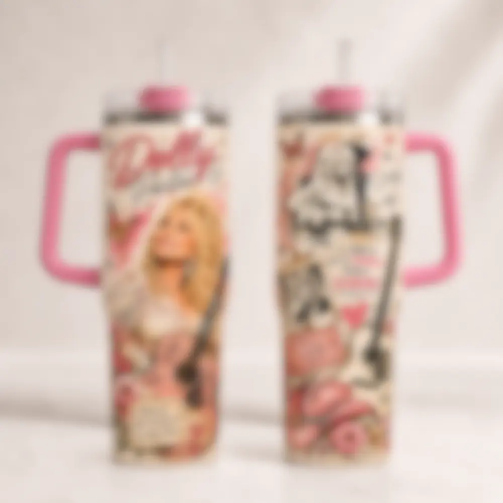 D0l!y P@rt0n 40oz Pink Butterfly Tumbler with Handle and Straw, Floral Insulated Travel Cup, Country Music Fan Gift, DollyParton, DollyPartonTumbler, 40ozTumbler,