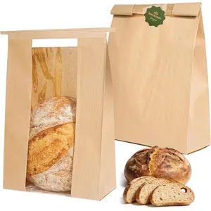 50 Paper Bread Bags for Homemade Bread, Sourdough Bread Bags Bakery Bags with Window/Tin Tie Tab Lock, Large Bread Loaf Bags for Baked Goods Packaging, Label Seal sticker included (50)