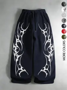 Y2K Cyber Tribal Pattern Loose Sports Pants, Extra Large Wide Leg Street Style Trousers, Elastic Waistband with Drawstring, Comfortable Casual Fit for Teenagers and Gen Z Fashion Enthusiasts, Sports Bottoms