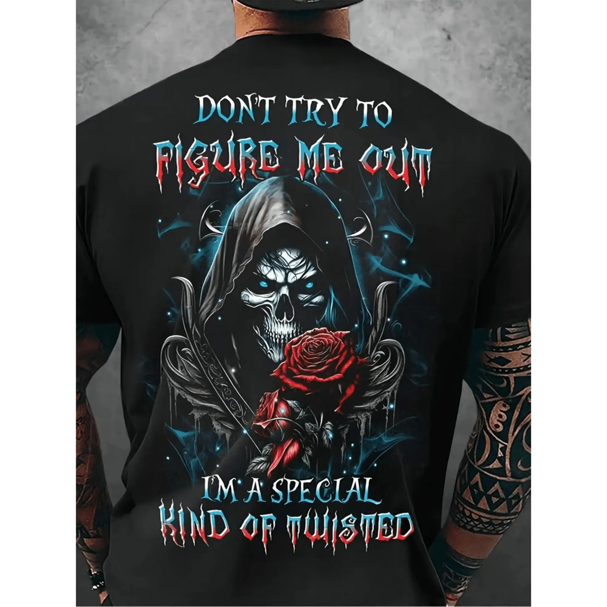 [Made In USA 100% Cotton] Men Gothic Skull T-Shirt, “Don’t Try to Figure Me Out” Shirt, Dark Twisted Reaper Graphic Tee, Edgy Horror Streetwear Top, Bold Alternative Style Shirt, Unique Gothic Gift for Him