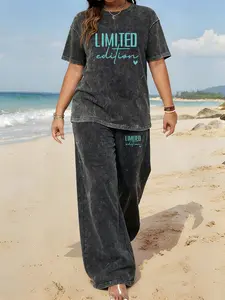 Spring and Summer Sports Plus Size Two-piece Set with landscape print, Tie-dye Washed Vintage Short Sleeve T-shirt and Wide-leg Pants, Plus Size Women's Jogging Outfit