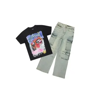 Yooz Black Oversized Graphic T-Shirt/Baggy Jean Bundle