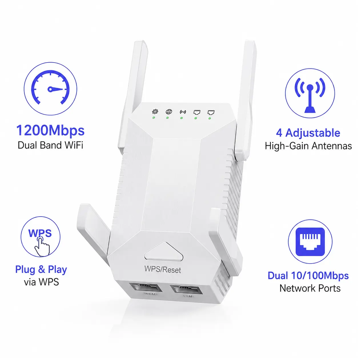 AC1200 WiFi Range Extender, Dual Band 5GHz & 2.4GHz WiFi Booster Repeater, Up to 10000 sq.ft Coverage, Supports 50+ Devices, Ethernet Port, Easy WPS Setup for Home summerwins