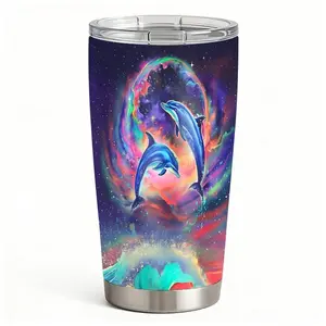 20oz Two Dolphins in Colorful Nebula with Stars Stainless Steel Tumbler， Tumbler with Lid Double Wall Vacuum Insulated Travel Mug