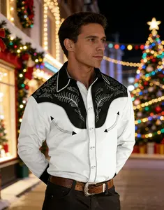 Men's Trendy Western-Style Printed Button Shirt with Unique Pattern Design for Casual Style Four-Season Wear Polyester Fabric Superior Texture Ideal for Holiday Gifting and Travel Wearing Christmas Menswear Tops