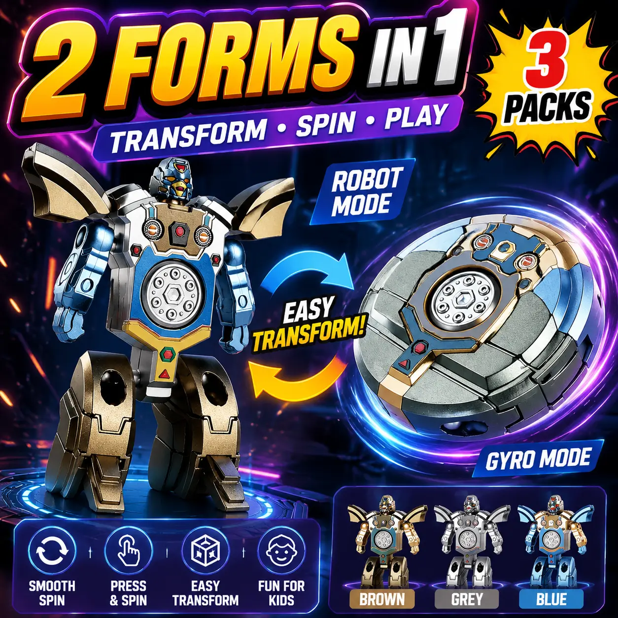 1/2/3 PCS Transforming Robot Fidget Spinner Toy, 2-in-1 Robot Gyro Finger Toy, Choose Grey Blue or Brown, Desk Toy and Party Favor Random
