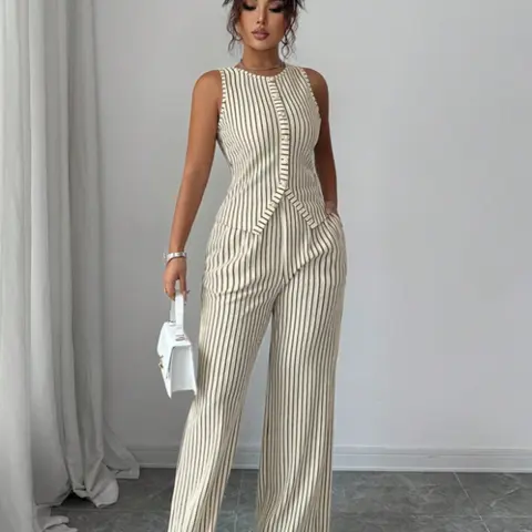Women's Striped Sleeveless Crop Top & Long Pants Matching Set, Casual Everyday Set, Casual Fashion, Slim Fit Design, Perfect for Daily Wear, Stylish Two-Piece Ensemble, Outfit, Tank Top