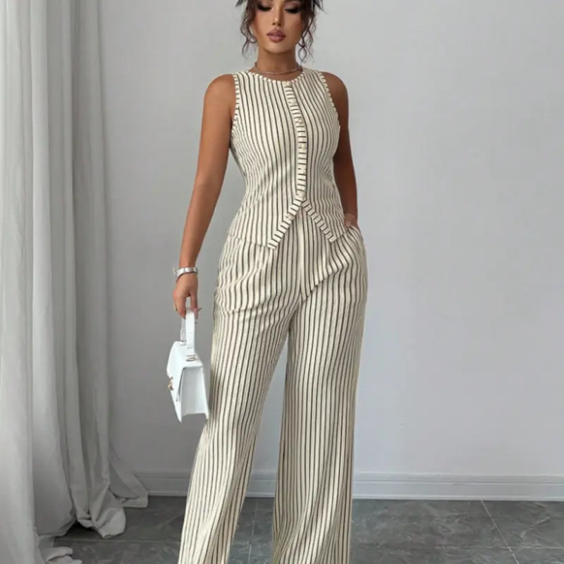 Women's Striped Sleeveless Crop Top & Long Pants Matching Set, Casual Everyday Set, Casual Fashion, Slim Fit Design, Perfect for Daily Wear, Stylish Two-Piece Ensemble, Outfit, Tank Top