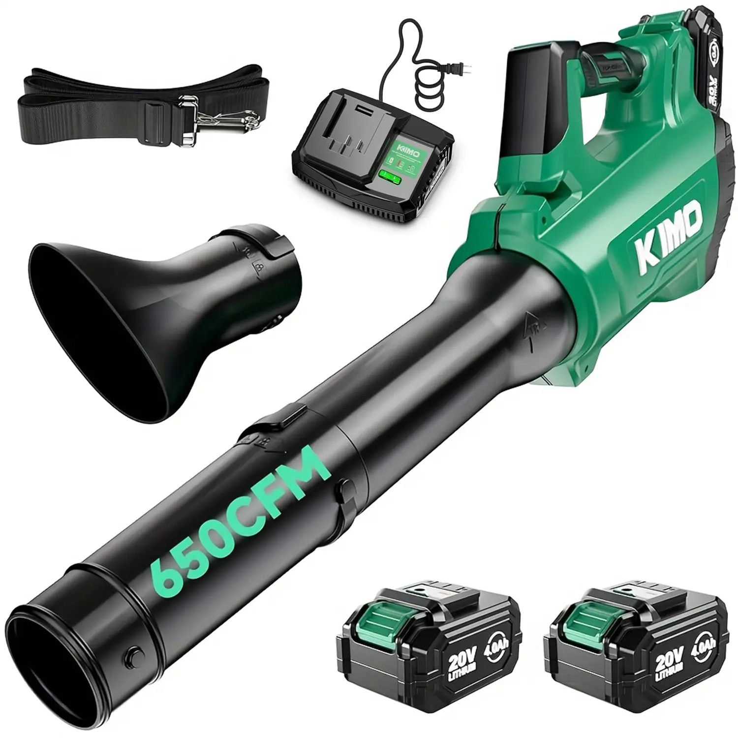 KIMO 20V Wireless Handheld Leaf Blower with Brushless Motor, 650CFM Storm Power, 4-Speed Turbo Mode, 2 x 4.0Ah Dual Batteries, 3-Tube Kit, Handheld Grip for Courtyard Wet Leaves, De-Icing