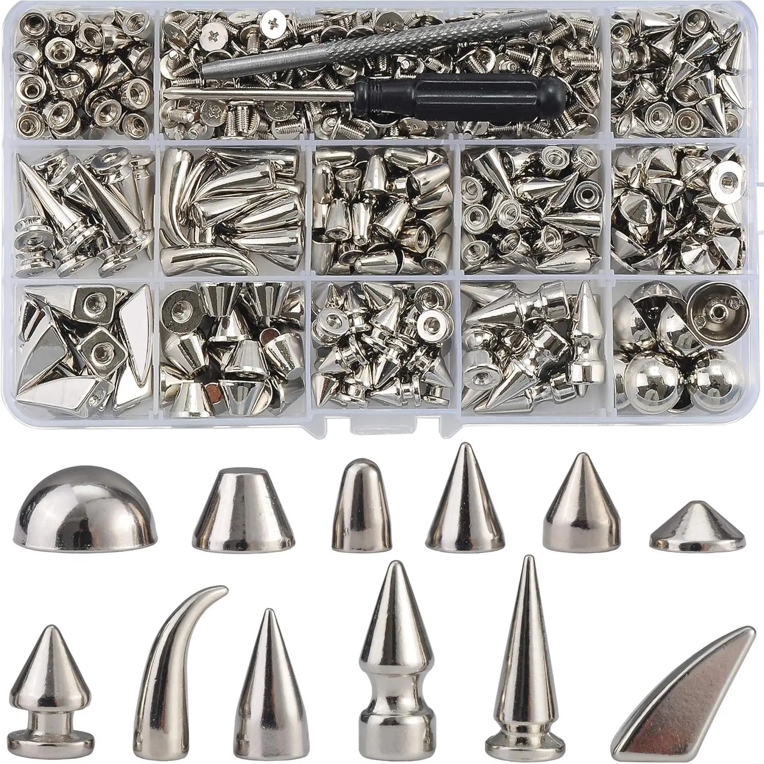 Silver 270-Set Mixed-Shape Screw-Back Spikes & Studs Rivet Kit with Hole Punch, 7x21 mm & 9.5x24 mm Easy-Installation Leathercraft Tools, Fine Workmanship Smooth Finish for DIY Clothing, Shoes