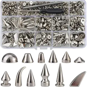 270 Sets Mixed Shape Spikes and Studs Silver Color Screw Back Bullet Cone Studs and Spikes Rivet Kit with Install Tools for Leather Craft Clothing Shoes Belts Bags Dog Collars DIY Rivets