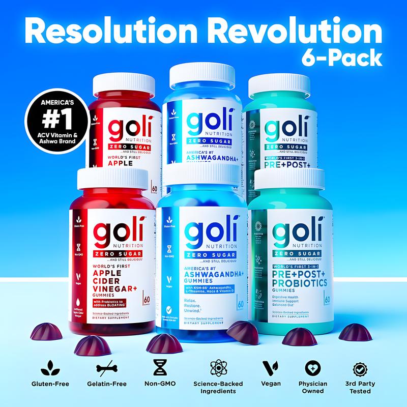 Goli Nutrition Zero Sugar Best Seller Trio - 3-in-1 Pre Post Probiotic Apple Cider Vinegar with Vitamin B12 & Ashwagandha Gummies - Gluten-Free Vegan Non-GMO Gelatin-Free - 60 Count - Healthcare Supplement