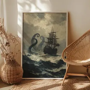 Kraken and Ship Nautical Wall Art Poster Print, Moody Dark Seascape Print, Vintage Maritime Ocean Decor, Antique Ocean. No Frame