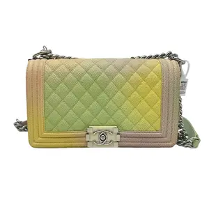 Pre-owned CHANEL HZ8 Limited edition Le Boy medium size, caviar leather with rainbow gradient color scheme, silver hardware. 70863