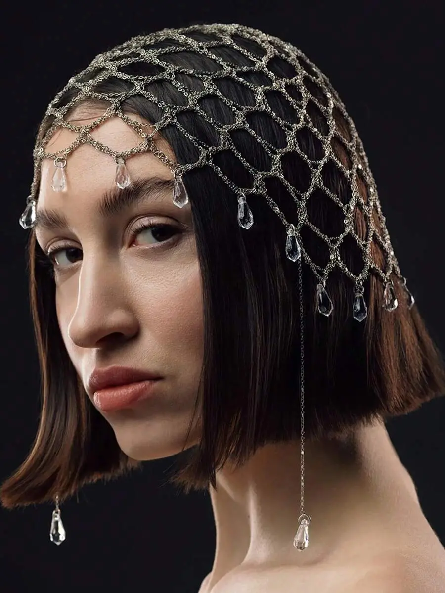 TheOasisCatalogue 1pc New Mesh Hair Chain, Elegant Versatile Tassel Headpiece Bridal Chain Hair Accessory