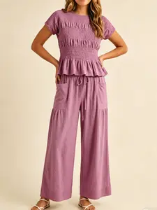 Women's Fashion High-End Textured Cotton Ruffled Short Sleeve Two-Piece Set, Casual, Womenswear, with waist-cinching ruffles and a flowing wide-leg pant design, perfect for summer, vacations, indoor, and outdoor wear