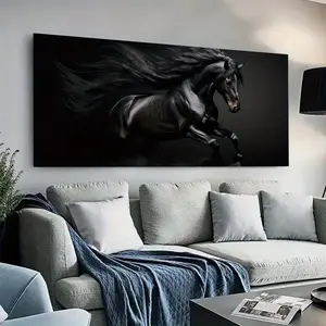 1 piece framed canvas painting, large canvas art, modern black horse painting, suitable for living room, bedroom office decoration.