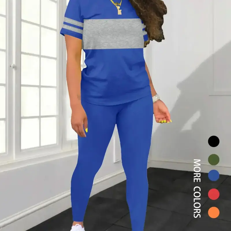 Women's Colorblock Fitted Short Sleeve Tee & Solid Pants Two-piece Set, Clothing Set, Casual Lounge Set, Round Neck T-shirt & Trousers for Daily Wear, Ladies Two-piece Outfits for All Seasons