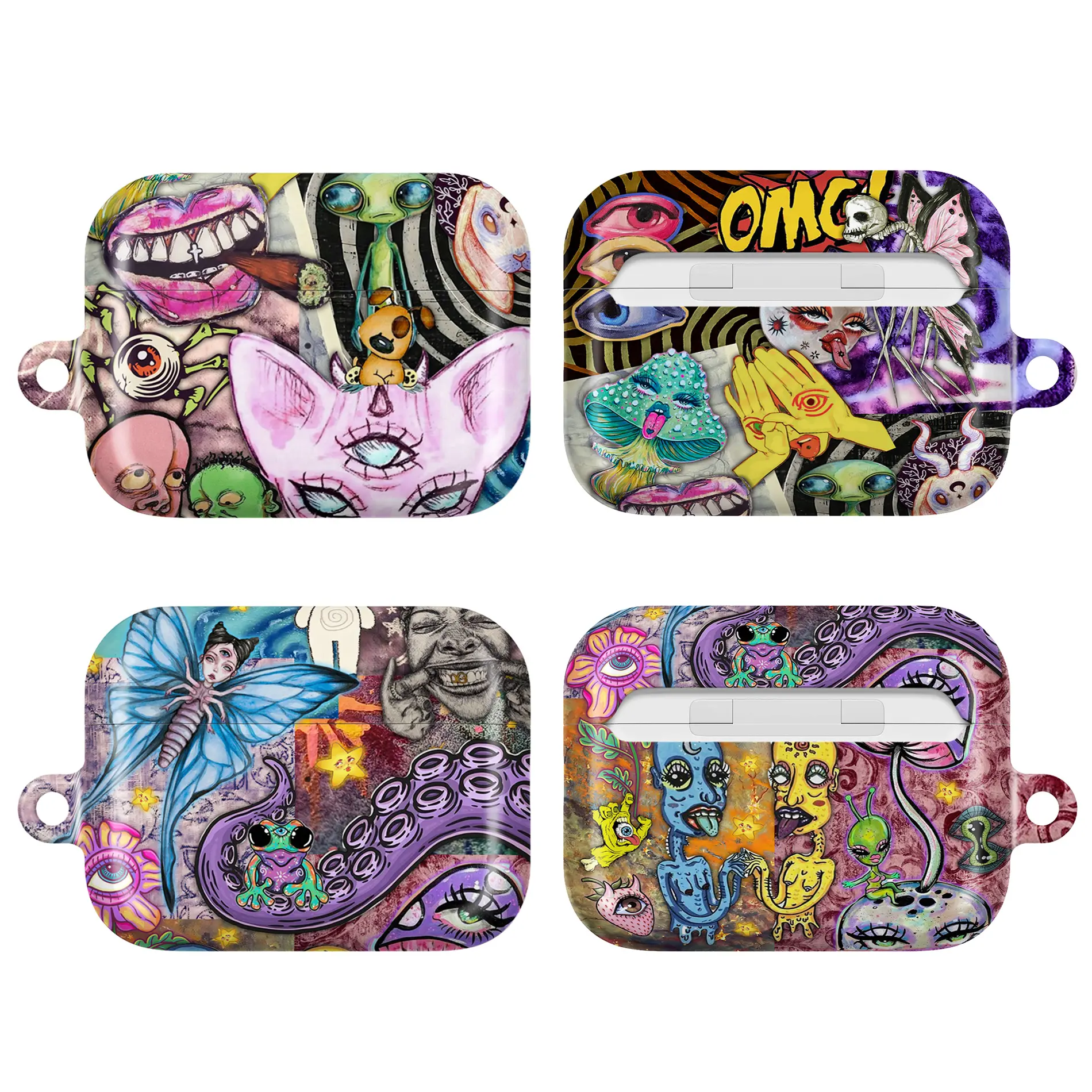Psychedelic Grunge AirPods Case – Weird Surreal Mushroom Alien Sphynx Cat Butterfly Skull Art Cover for AirPods 1 2 3 4 & AirPods Pro 1 Pro 2 Pro 3 | Dark Indie Alt Aesthetic Gift for Her & Him