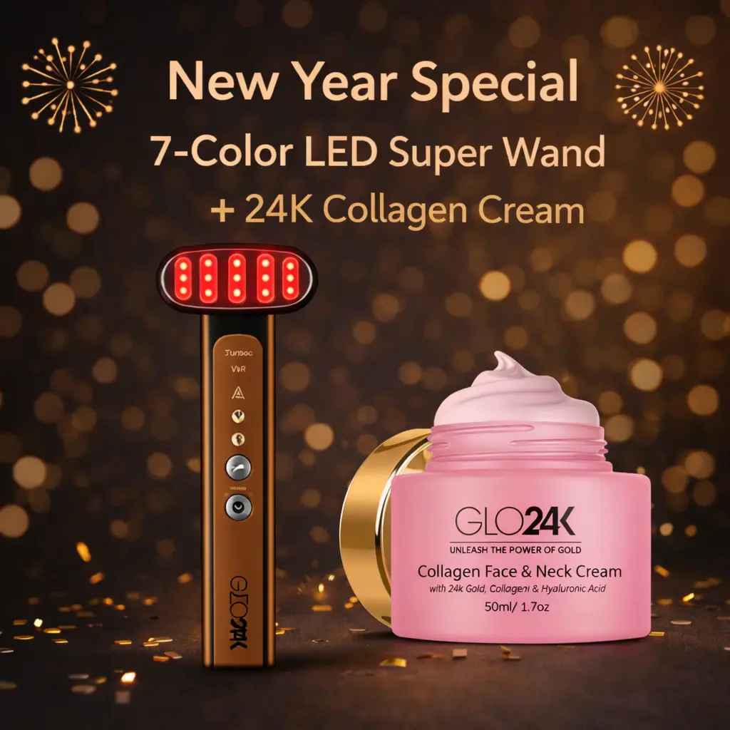 GLO24K 2-Step Premium Facial Rejuvenation Set 6-IN-1 Beauty Therapy Wand for Face Eyes & Neck 24K Collagen Cream Christmas Special