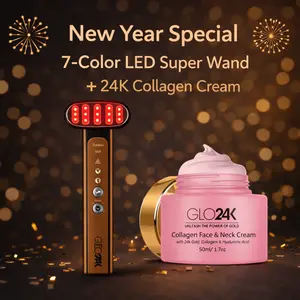GLO24K 2-Step Premium Facial Rejuvenation Set 6-IN-1 Beauty Therapy Wand for Face Eyes & Neck 24K Collagen Cream Christmas Special