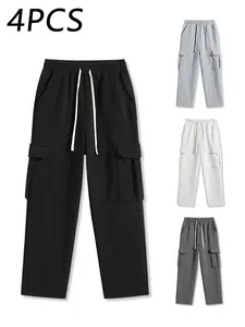 4 Pack Men's Solid Color Loose Fit Straight Sweatpants,Casual Joggers,Multi Pockets Cargo Pants,Plain Trousers,Suitable For Daily Wear,Going Out,Commuting,For Fall Menswear,available in 4 pack & 1-pack options,Please place an order according to size chart