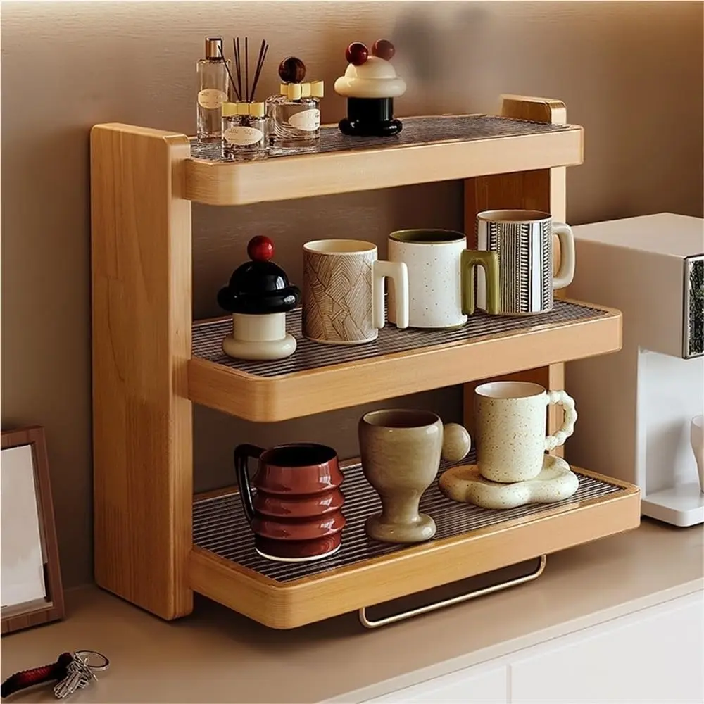 Solid Wood Coffee Mug Holder, 3-Tier Countertop Mug Holder Rack, Wooden Coffee Mug Display Shelf, Desktop Storage Rack for Kitchen, Dining Room, Coffee Bar(Natural,Small)