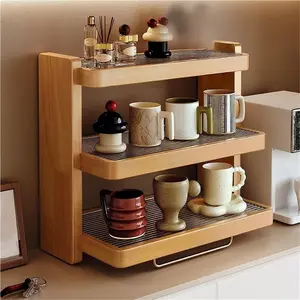 Solid Wood Coffee Mug Holder, 3-Tier Countertop Mug Holder Rack, Wooden Coffee Mug Display Shelf, Desktop Storage Rack for Kitchen, Dining Room, Coffee Bar(Natural,Small)