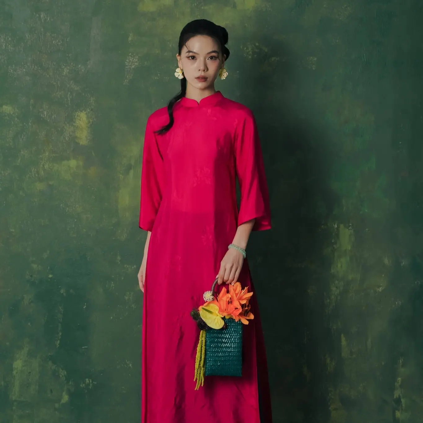 "Lan Nghi" Ao Dai Set - Premium Natural Silk in Orchid Crimson (Red-Pink)
