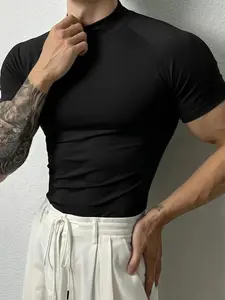 Men's Small High Neck Tight-Fit Gym T-Shirt, Black, Stretchable Activewear, Activewear Fitness, Sportswear Top, High Stretch Polyester Blend Fabric, Perfect for Strength Training, High-Intensity Workouts, Streetwear & Casual Outfits, Sports Slim Fit