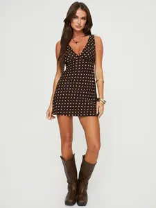 Princess Polly Nellie Mini Dress Brown Polka Dot V-neck Sleeveless Polyester Casual Dress with Zip Closure