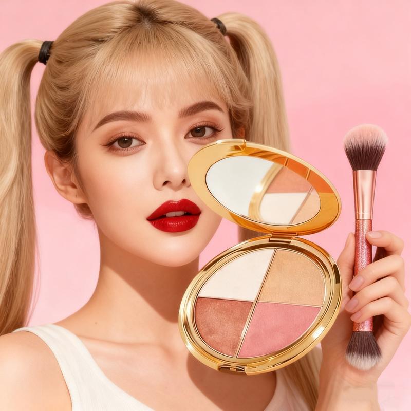 Glowjiu 4-in-1 Glow Palette & Brush SetMulti-Use Highlighter Blush EyeshadowforEffortless Radiance Long-lasting makeup that doesn't come off